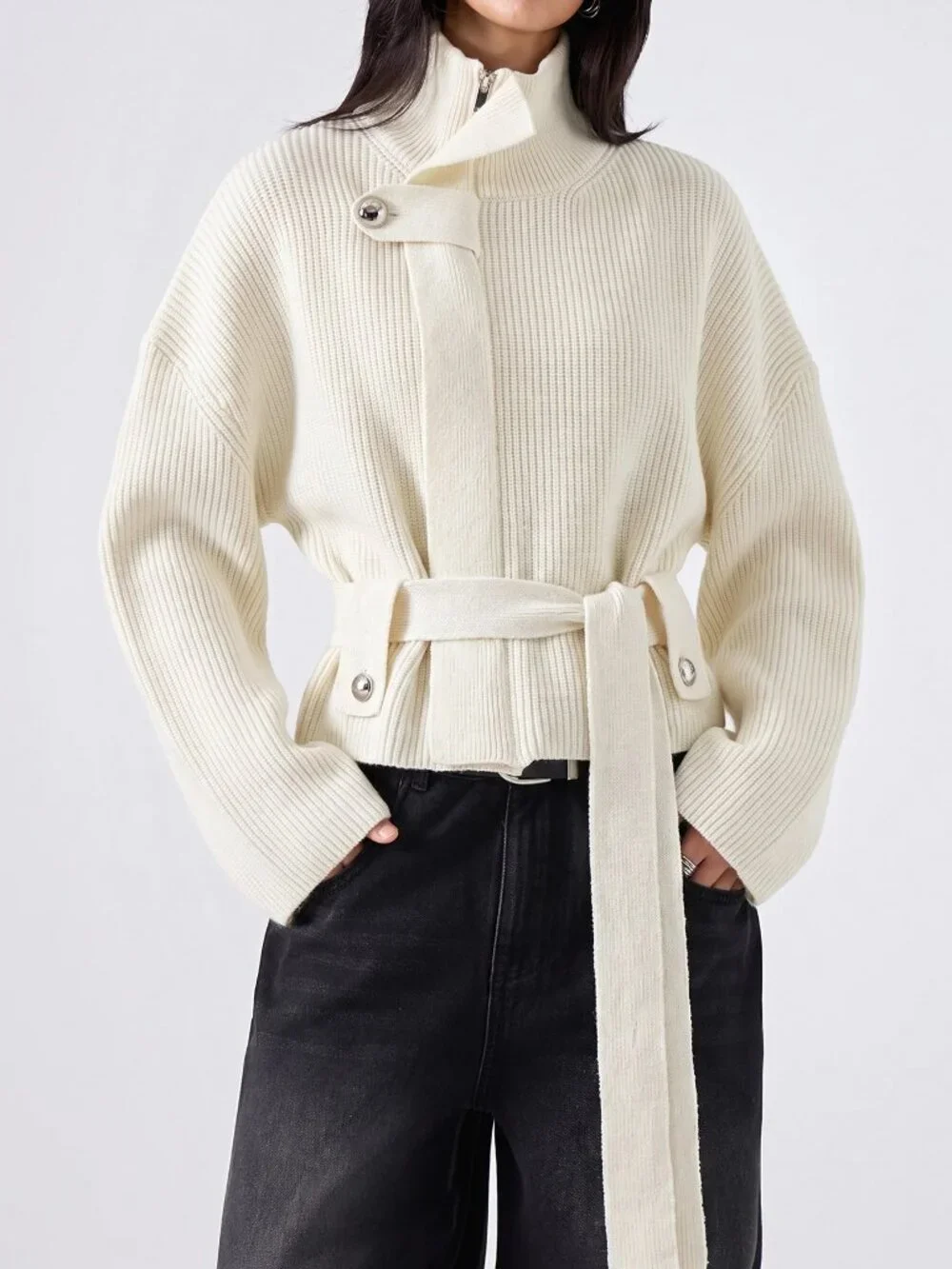 White Casual Women's High Neck Drop Shoulder Belted Cardigan